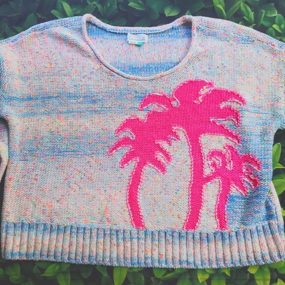 Anthropologie 1X White Pastel Fleck Sweater with Hot Pink Palm Trees - Picture 1 of 12
